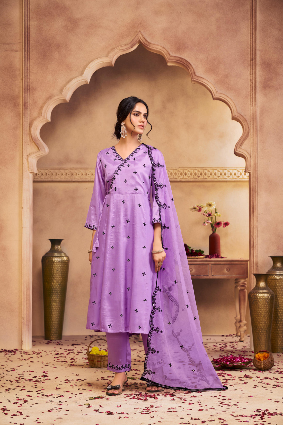 Ruqaiya Purple Angrakha Style Hand Thread Embroidered Suit Set with Mirror Detailing in Pure Muslin with Pure Cotton Mul Lining