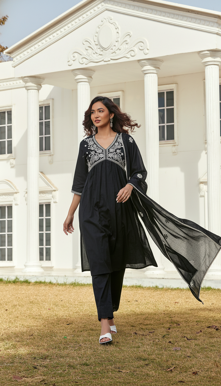 Pure Cotton Linen Akanksha Black Kurta Set with Dupatta featuring Chikankari Embroidery and Buti Detailed Dupatta with Cotton Mul Lining