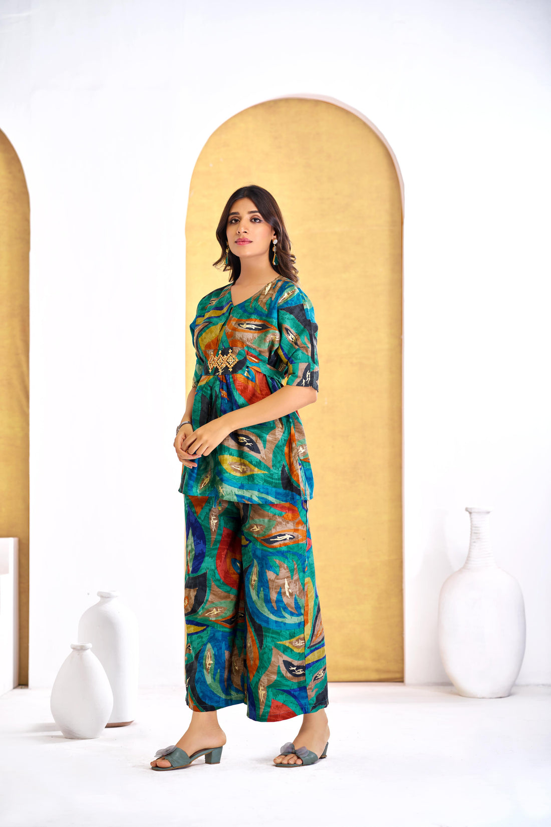Kalki Green Modal Chanderi Co-Ord Set with Hand Embellished Mirror and Bugle Bead Detailing
