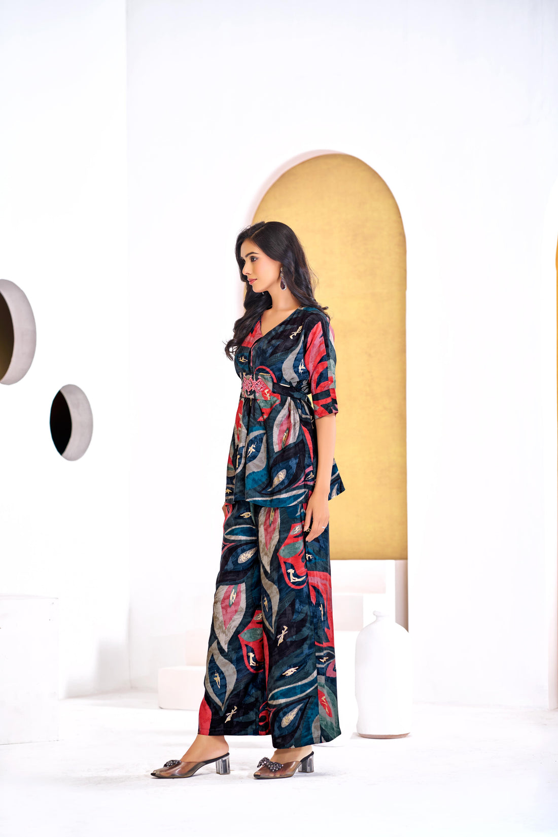 Kalki Blue Modal Chanderi Co-Ord Set with Hand Embellished Mirror and Bugle Bead Detailing