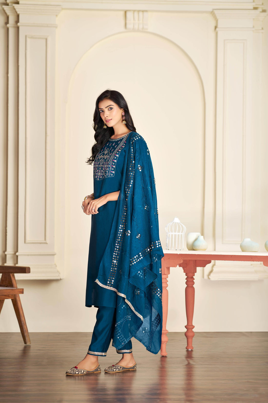 Prachi Silk Teal Kurta Set with Dupatta - BulBul