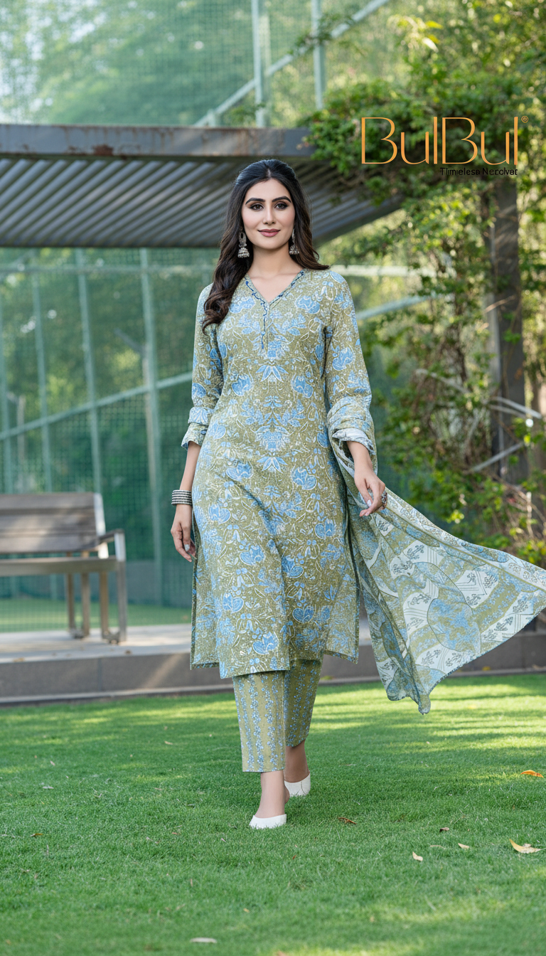 Pure Cotton Fashionista Green Printed Kurta Set with Thread & Mirror Work