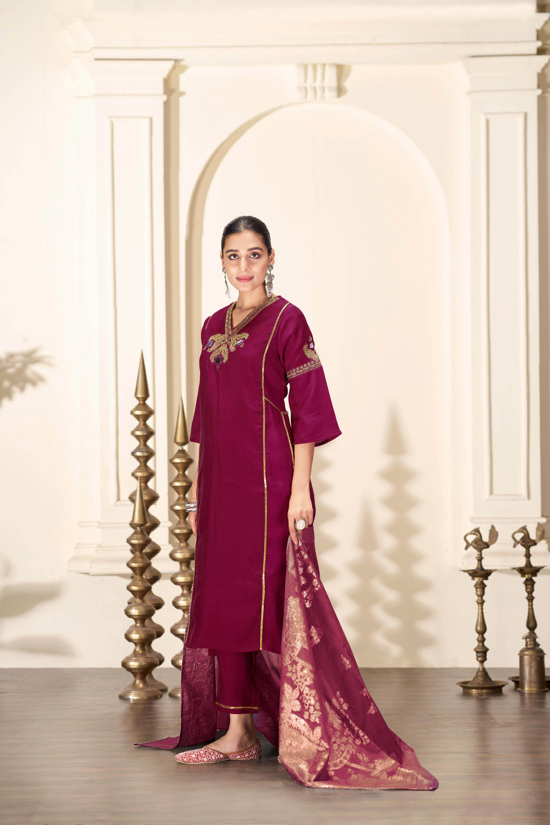 Shruti Silk Wine Kurta Set with Dupatta - BulBul