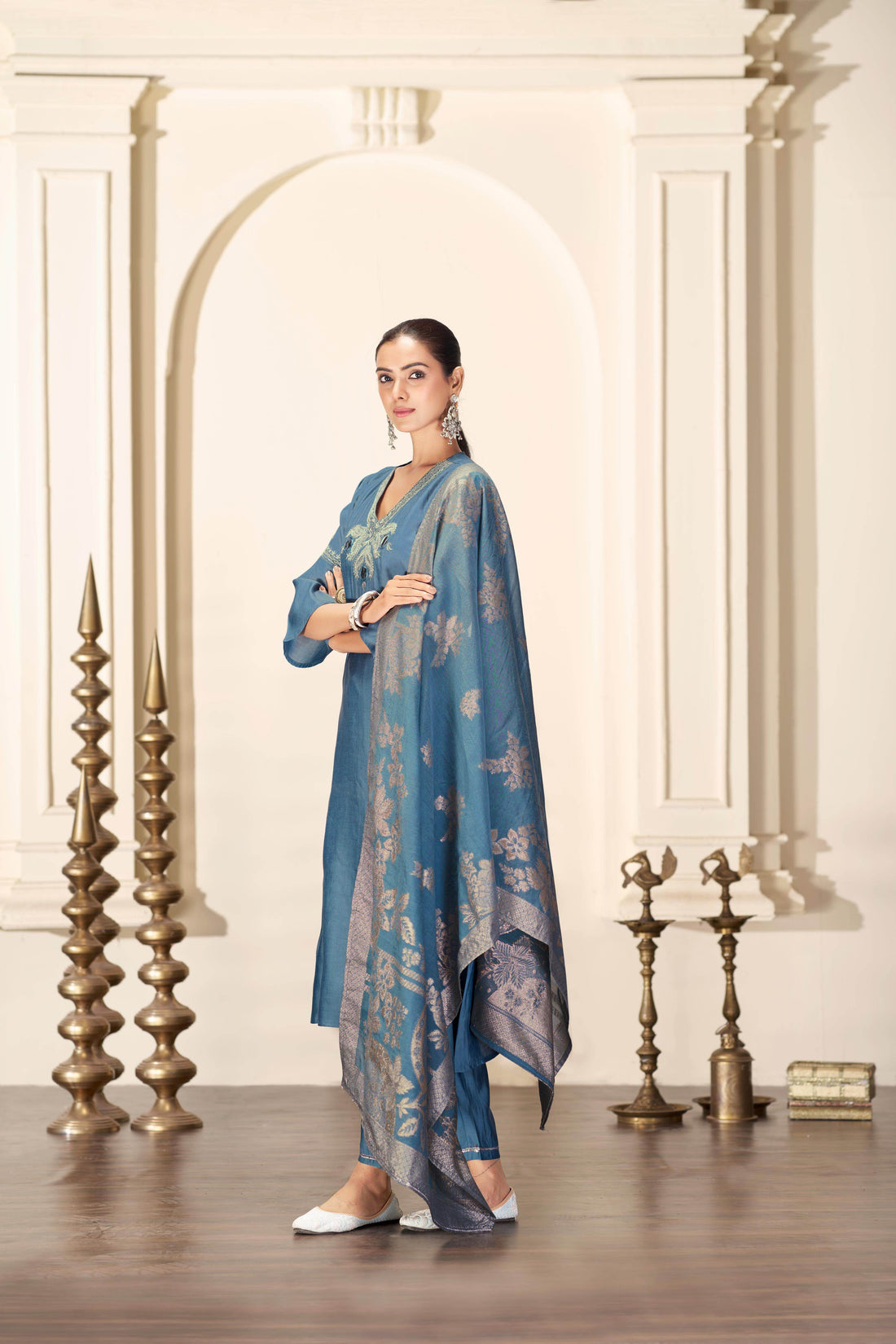 Shruti Iceblue Silk Kurta Set with Dupatta - BulBul