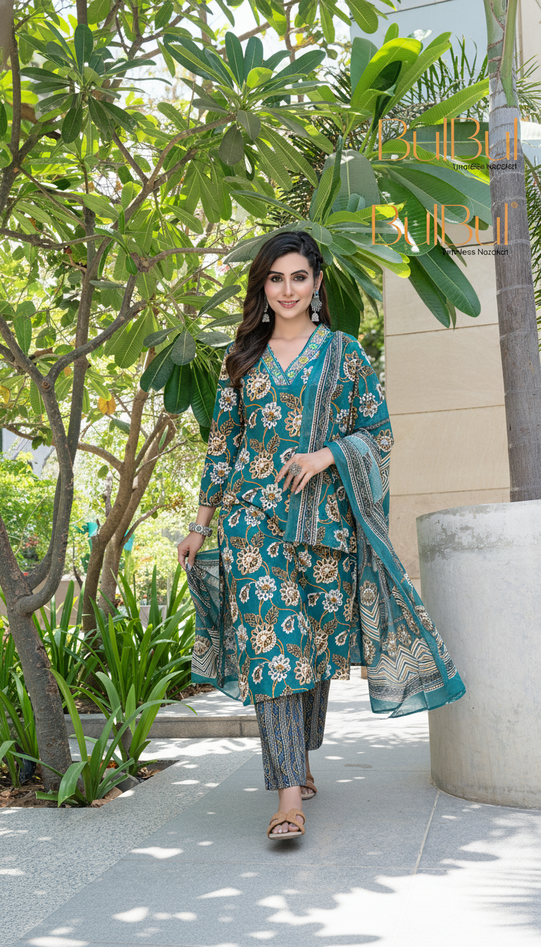 Pure Cotton Fashionista Green Floral Printed Kurta Set with Thread & Sequin Embellished V-Neckline and Dupatta