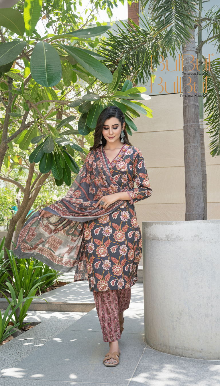 Pure Cotton Fashionista Black Floral Printed Kurta Set with Thread & Sequin Embellished V-Neckline and Dupatta