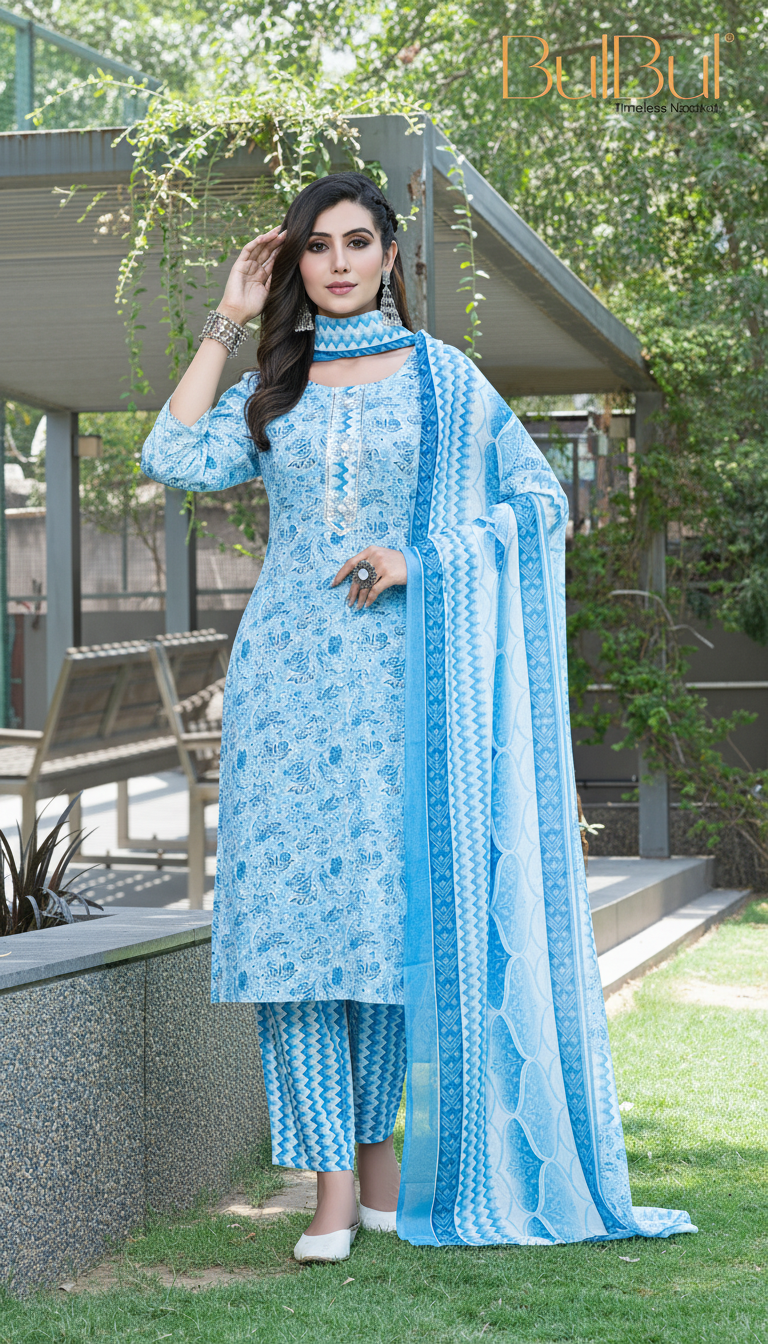 Pure Cotton Blue Floral Printed Kurta Set with Silver Zari Thread & Sequin Embroidered Placket