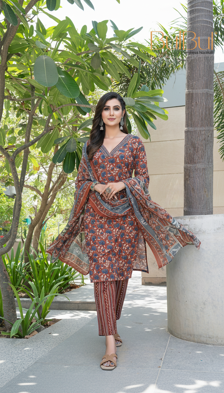 Pure Cotton Fashionista Rust Floral Printed Kurta Set with Contrast Thread-Detailed V-Neck and Dupatta