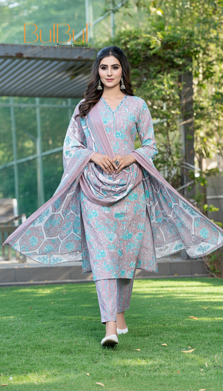 Pure Cotton Fashionista Brown Printed Kurta Set with Thread & Mirror Work