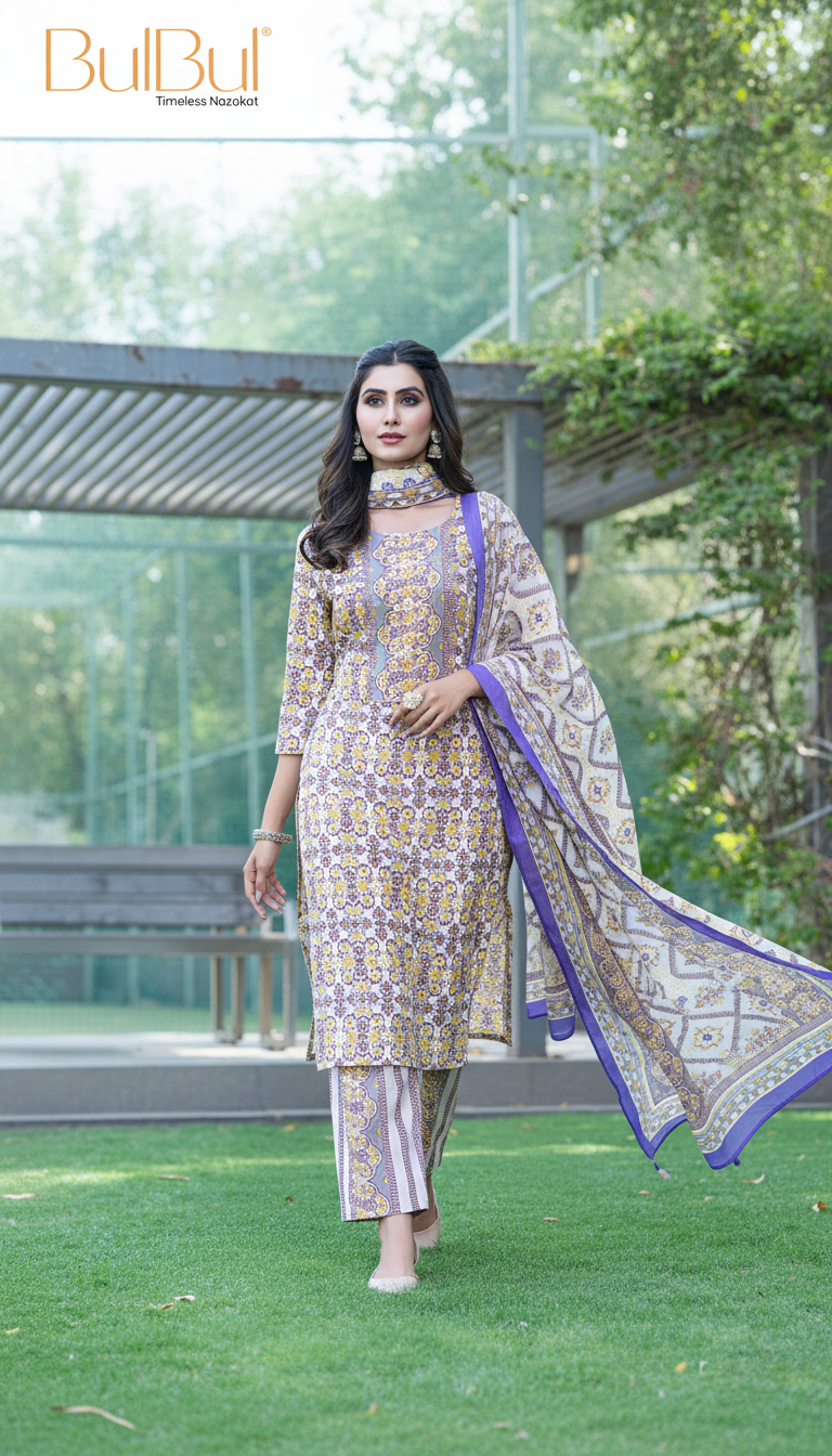 Pure Cotton Mustard Printed Kurta Set with Subtle Sequin Detail & Dupatta