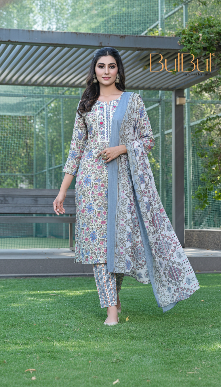 Pure Cotton Grey Printed Kurta Set with Intricate Thread Embroidery & Mirror Work Neckline with Dupatta