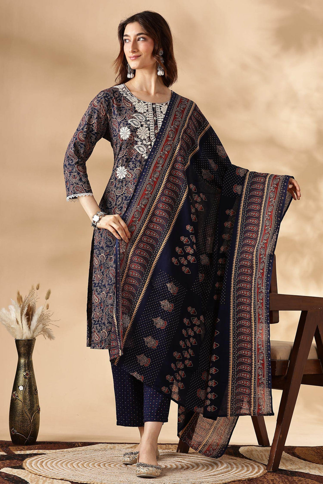 Embroidered Cotton Navy Kurta Set with Dupatta - BulBul