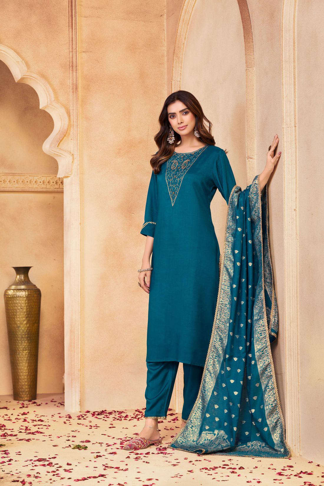 Adab Teal Hand Beaded, Sequin & Glass Bugle Embellished Suit Set with Jacquard Dupatta in Pure Muslin with Pure Cotton Mul Lining