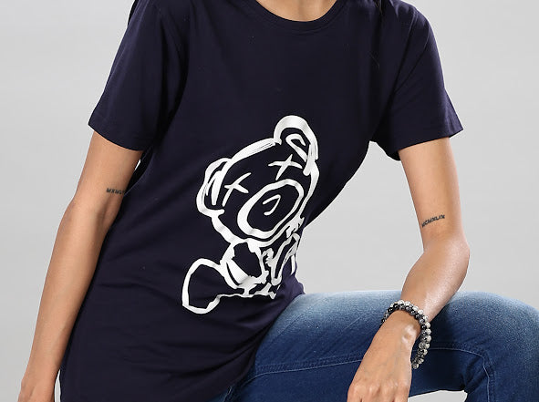 Navy Blue Cotton Lycra T-Shirt with Teddy Print