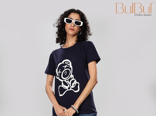 Navy Blue Cotton Lycra T-Shirt with Teddy Print