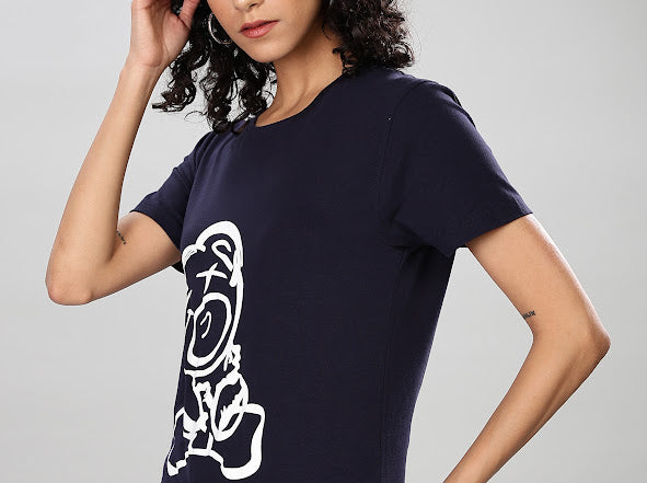 Navy Blue Cotton Lycra T-Shirt with Teddy Print
