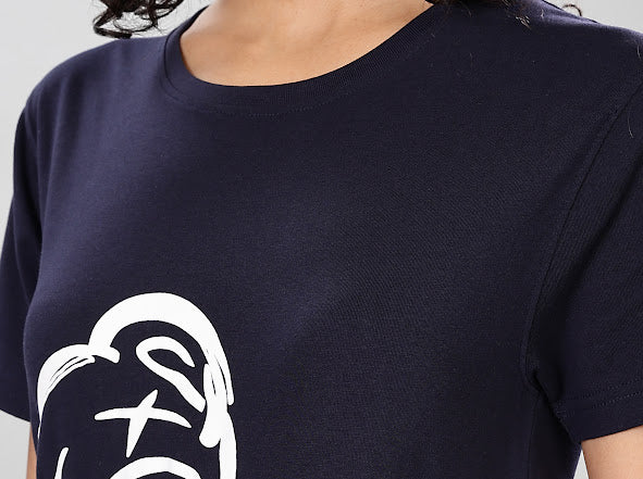Navy Blue Cotton Lycra T-Shirt with Teddy Print