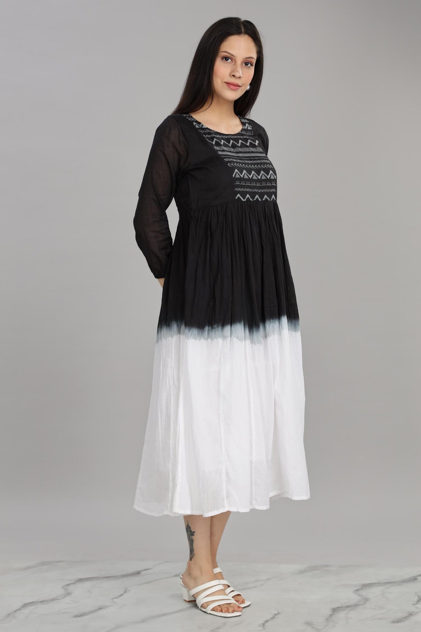 Ombre Black Cotton Mul Midi Dress