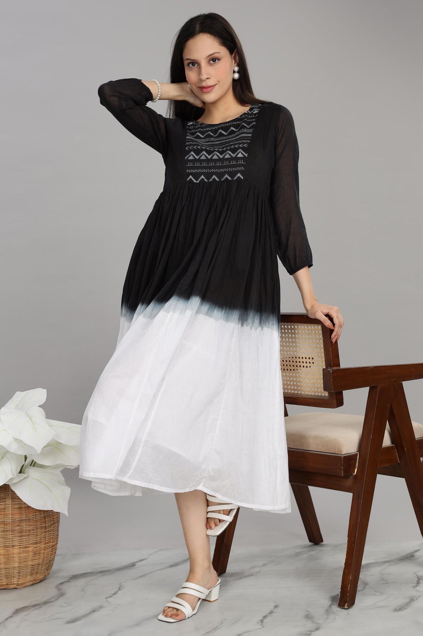 Ombre Black Cotton Mul Midi Dress