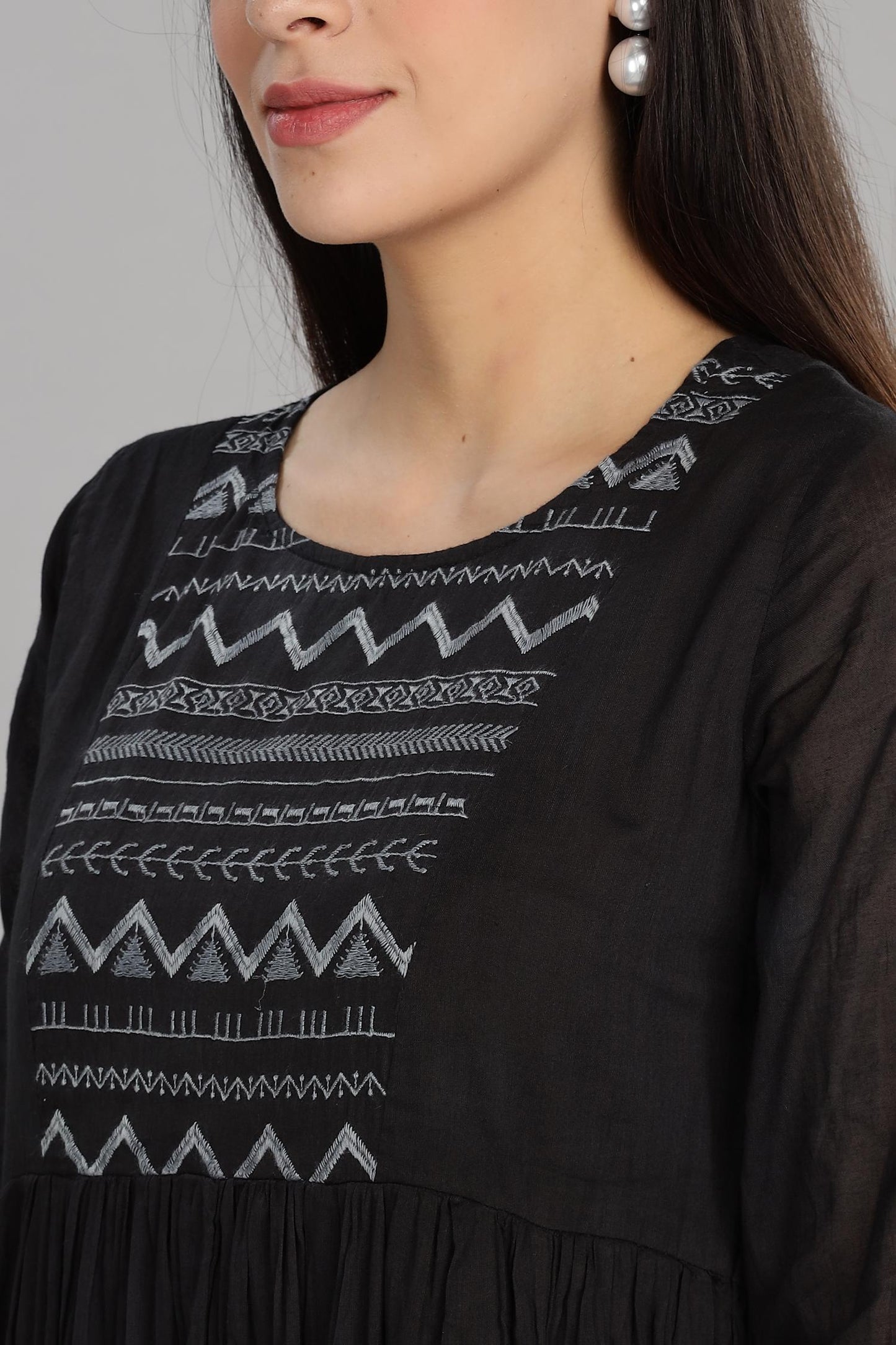 Ombre Black Cotton Mul Midi Dress