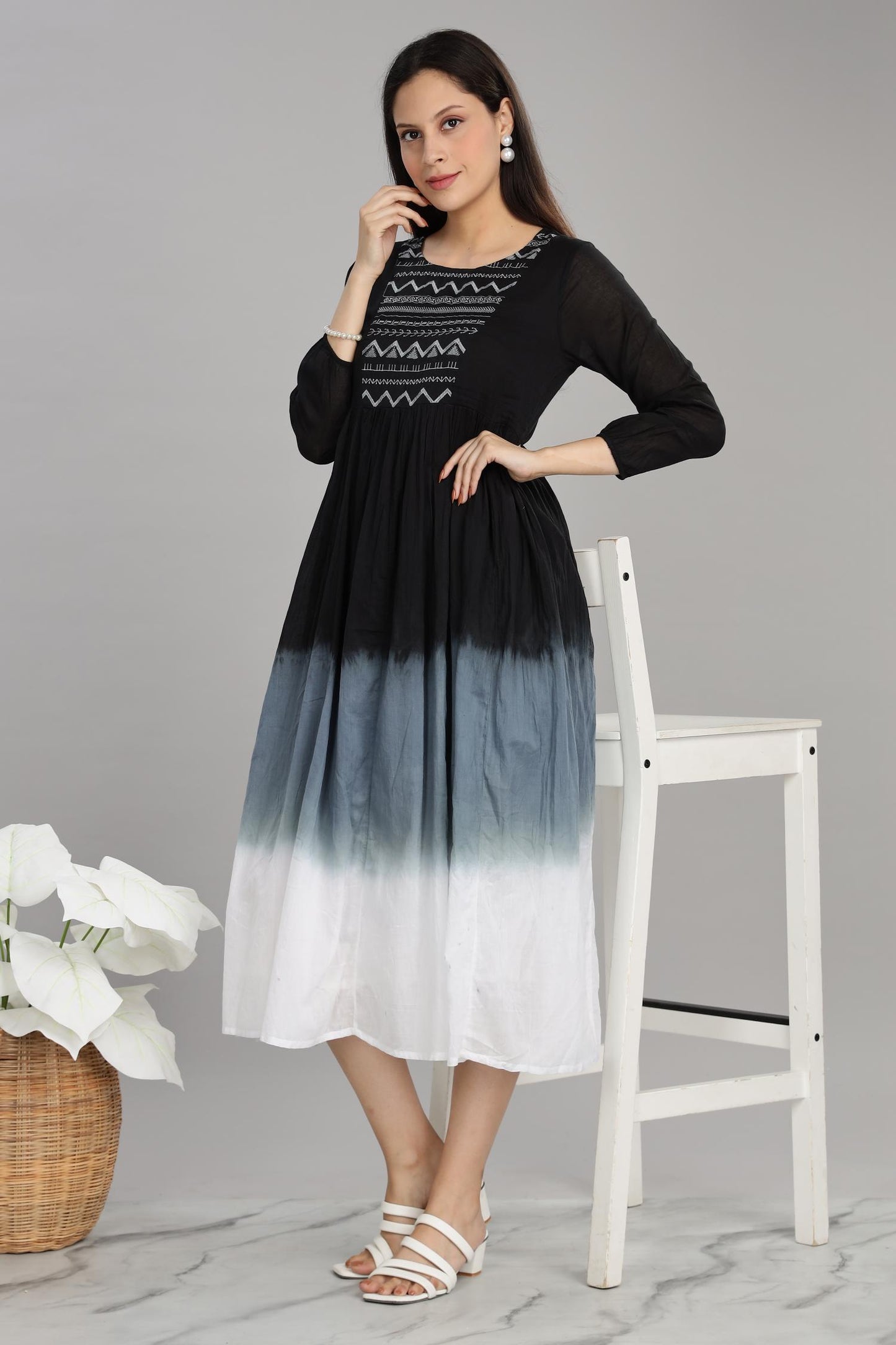 Ombre Grey Cotton Mul Midi Dress
