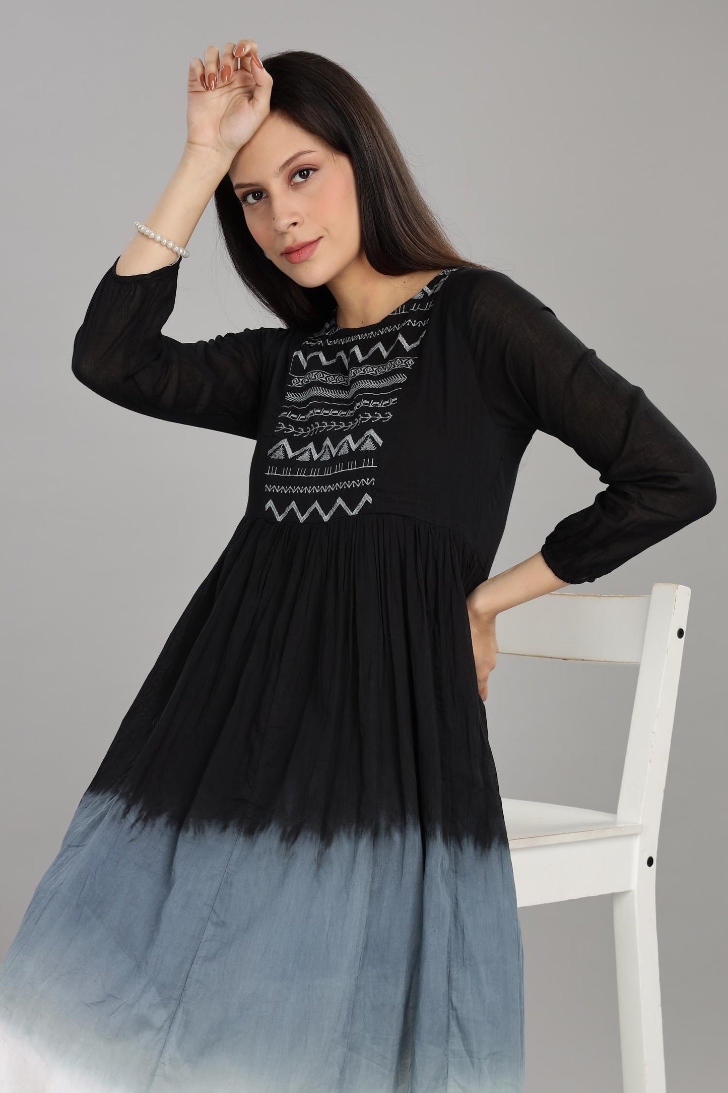 Ombre Grey Cotton Mul Midi Dress