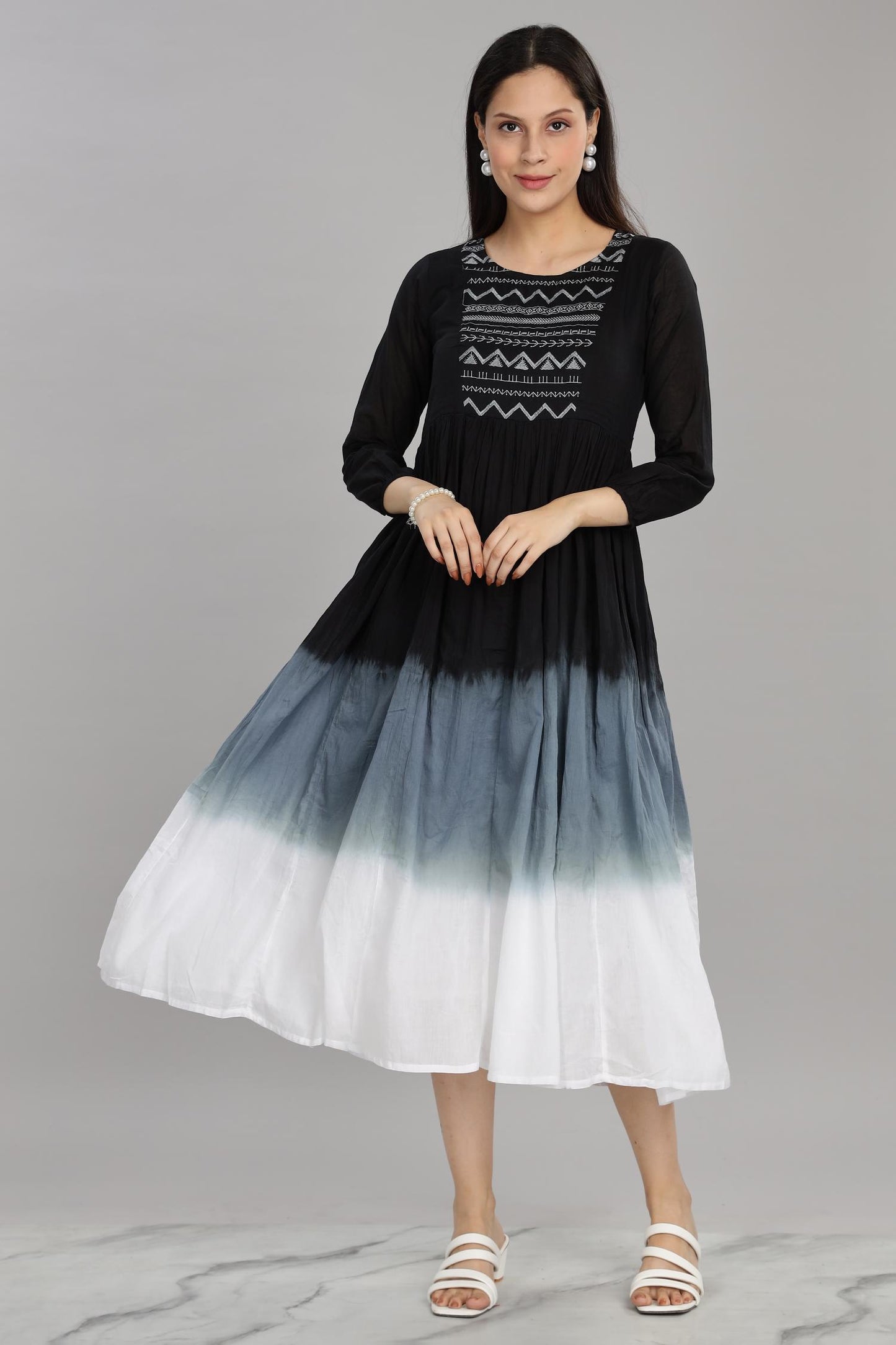 Ombre Grey Cotton Mul Midi Dress