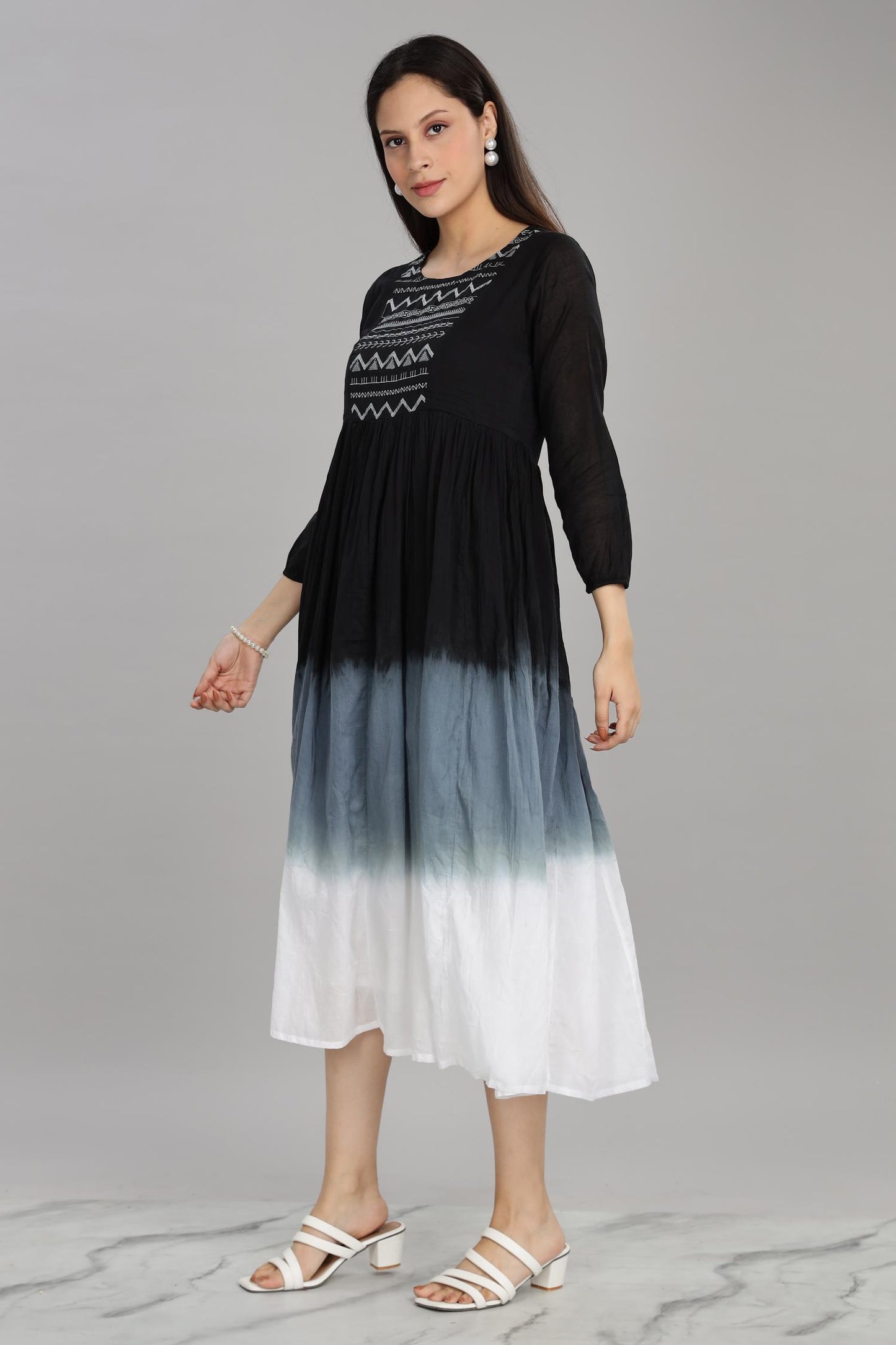 Ombre Grey Cotton Mul Midi Dress