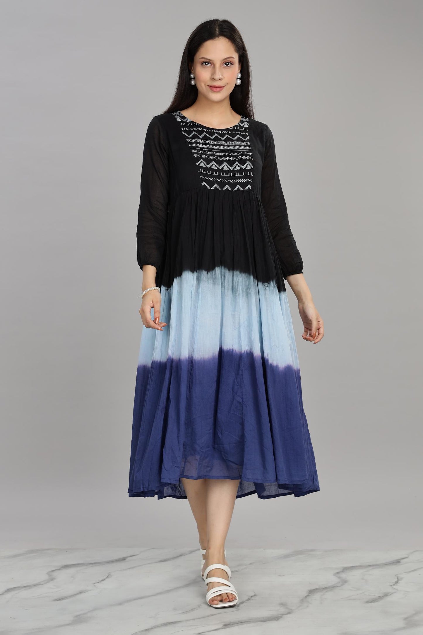 Ombre Blue Cotton Mul Midi Dress