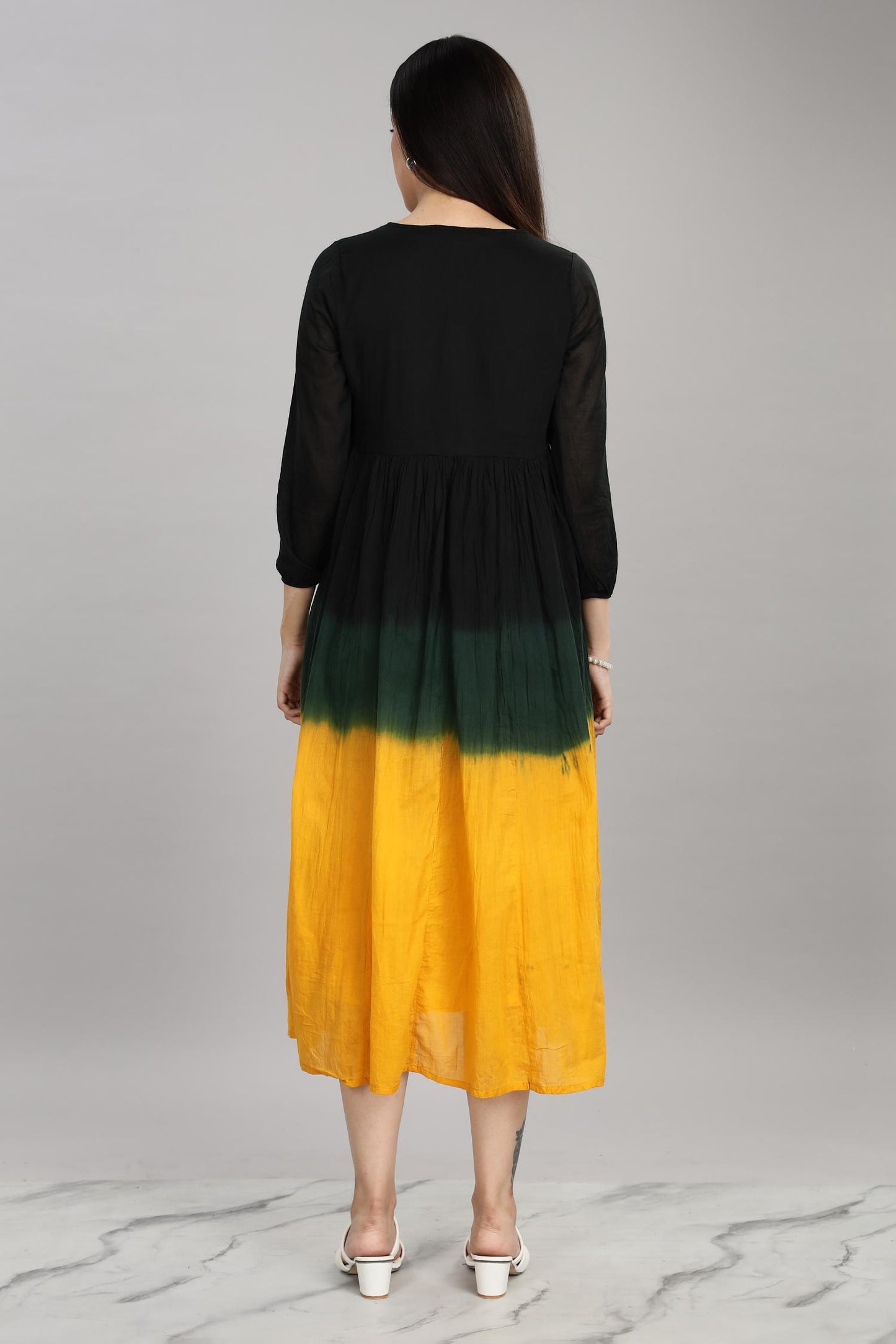 Ombre Mustard Cotton Mul Midi Dress