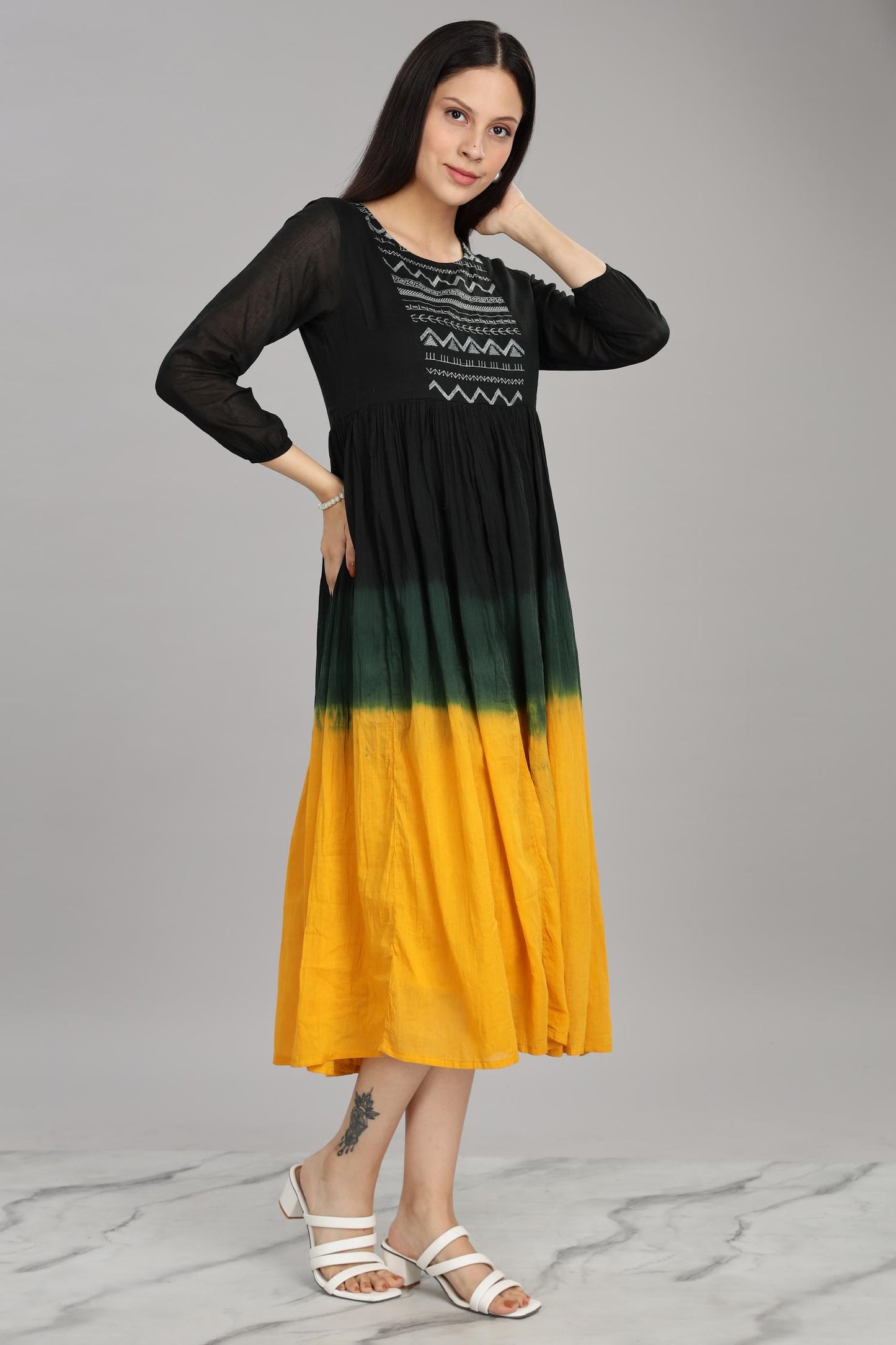 Ombre Mustard Cotton Mul Midi Dress