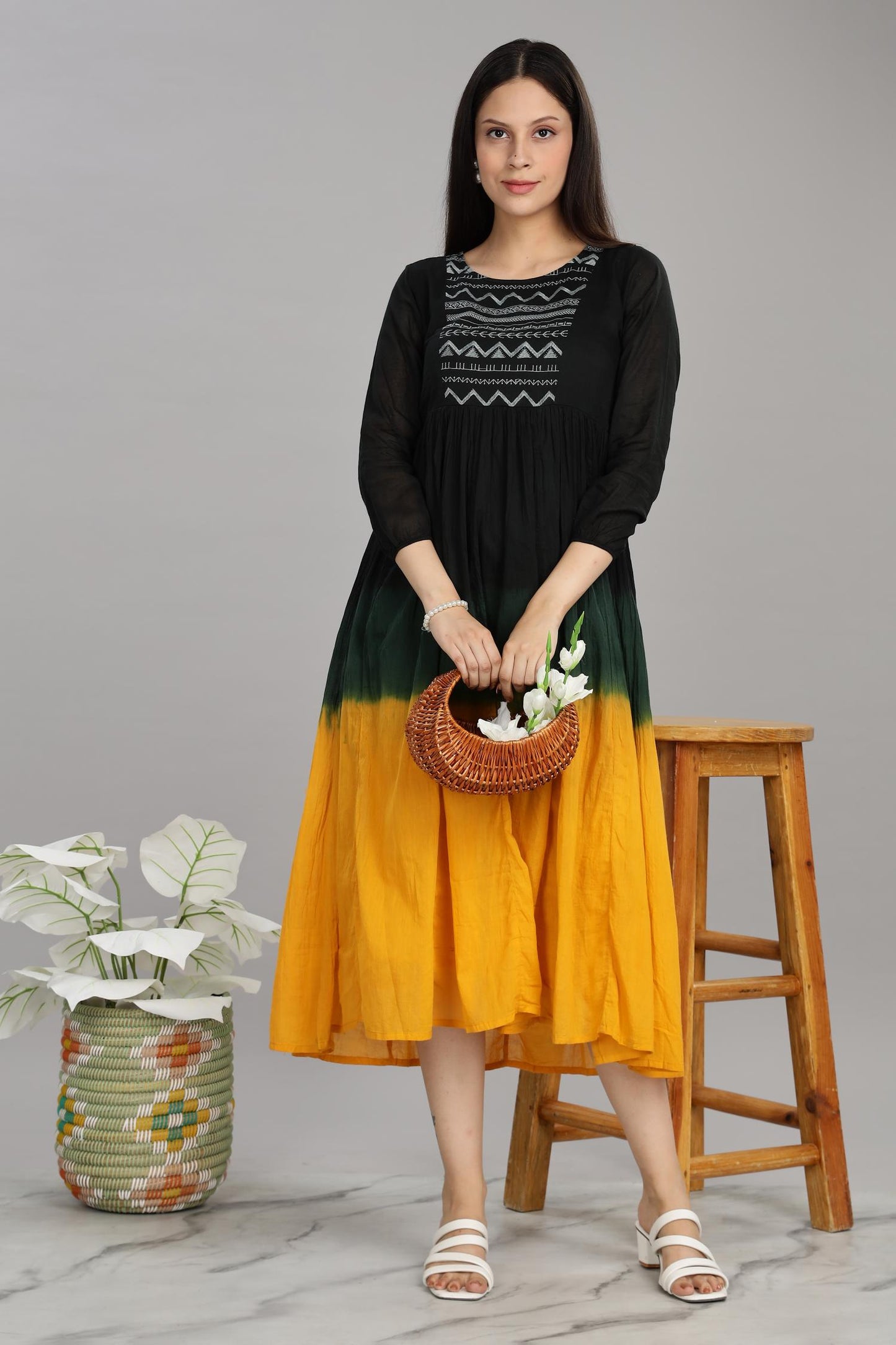 Ombre Mustard Cotton Mul Midi Dress