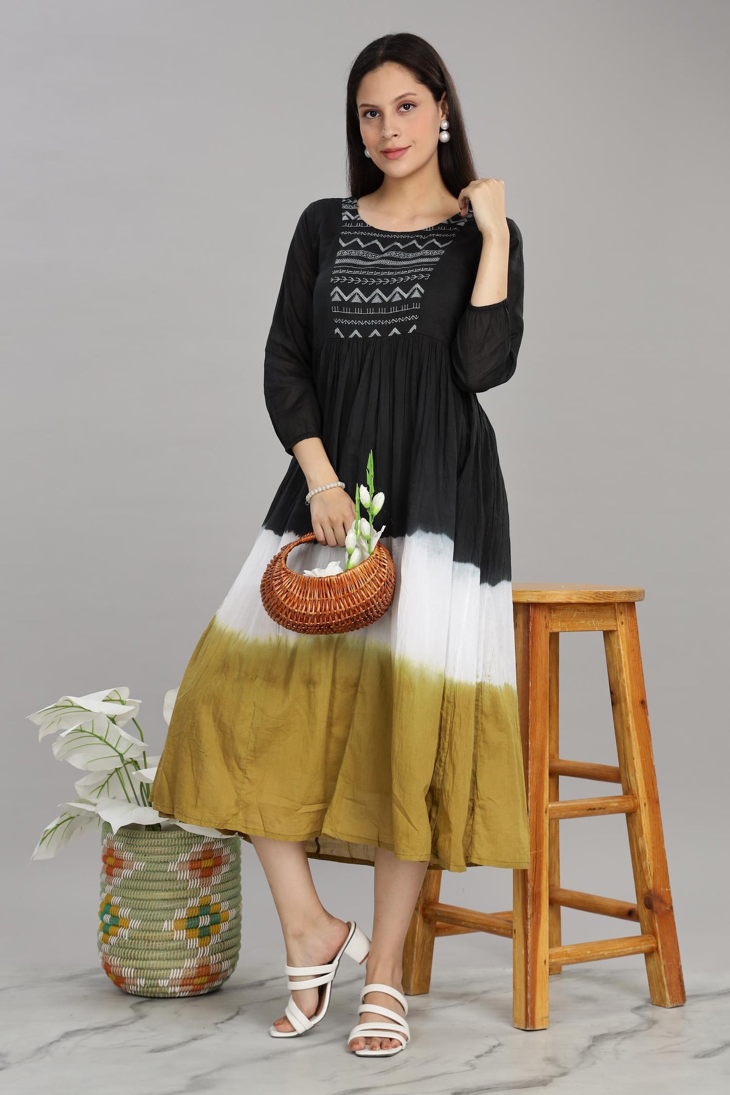 Ombre Brown Cotton Mul Midi Dress