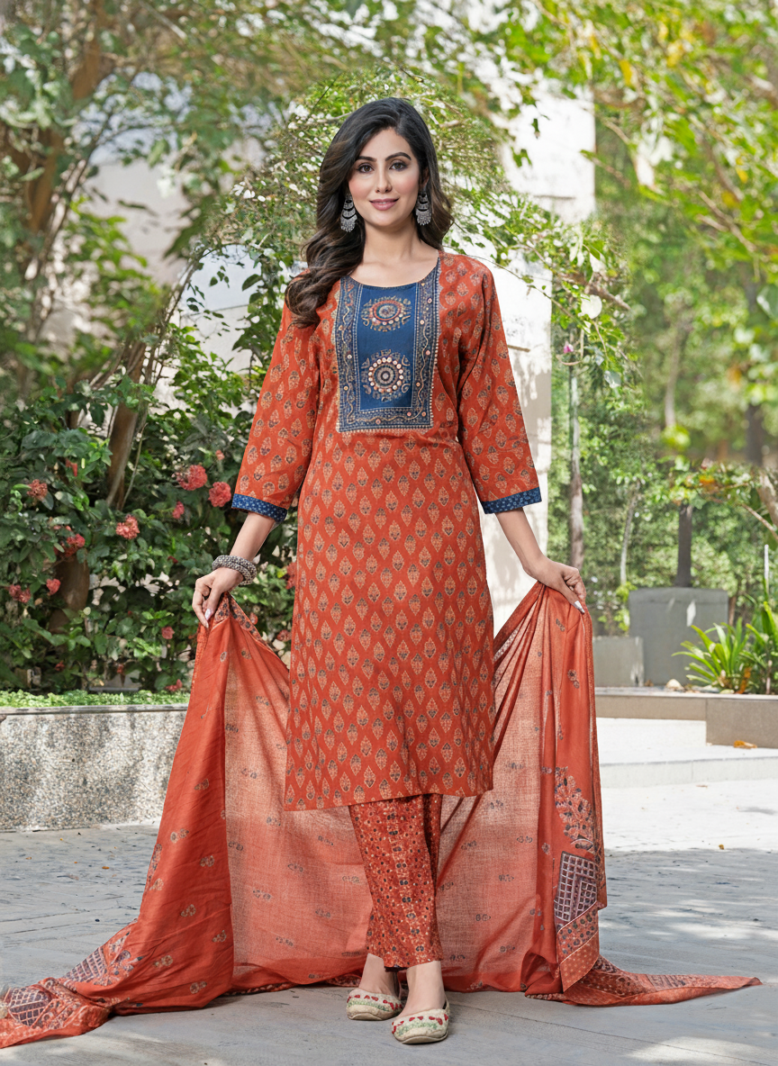 Aaliya Elegance Rust Printed Pure Cotton Kurta Set with Cotton Mul Lining, Embroidered Yoke Featuring Handcrafted Mirror and Bead Work with Dupatta