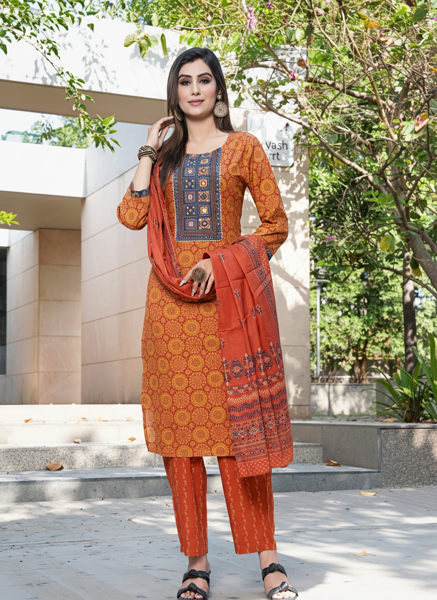 Pure Cotton Aaliya Rust Printed Kurta Set with Cotton Mul Lining, Intricate Thread-Embroidered Yoke with Handcrafted Mirror Work and Dupatta