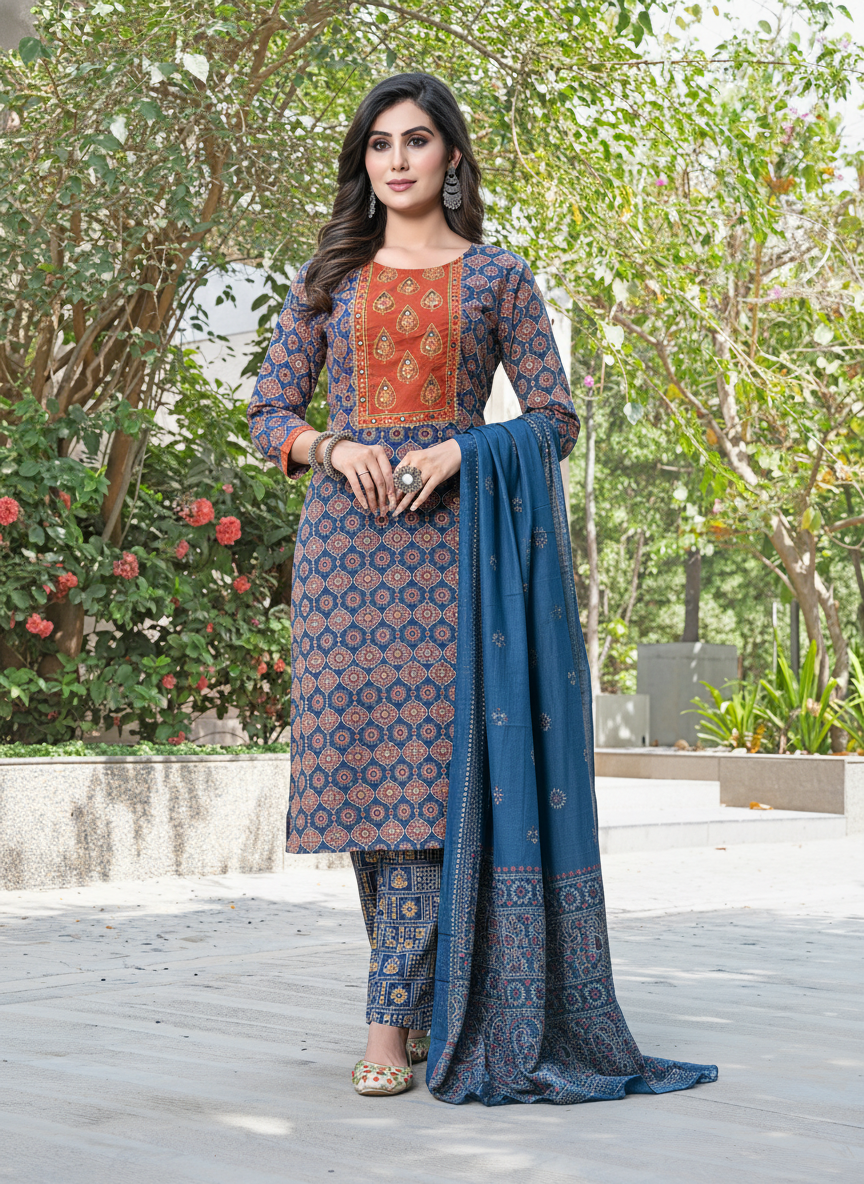 Aaliya Navy Printed Pure Cotton Kurta Set with Cotton Mul Lining, Handcrafted Sequin & Mirror Work Yoke and Dupatta