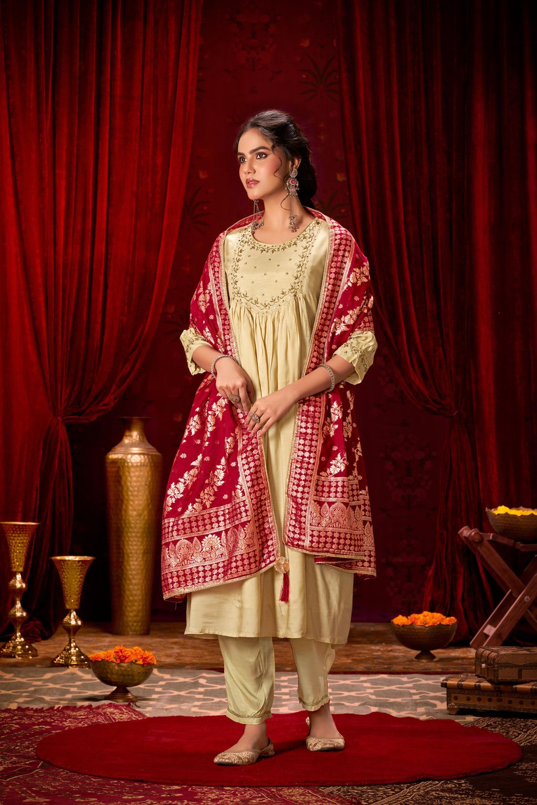 Gayatri Beige Hand Thread Embroidered Suit Set with Glass Bugle Beads & Sequin Work with Jacquard Dupatta in Pure Muslin with Pure Cotton Mul Lining
