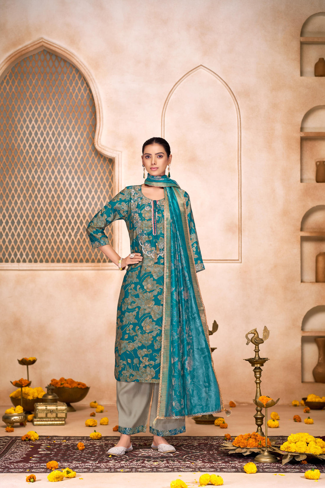 Shehnaaz Rama Hand Embellished Zari, Sequins & Moti Neck Work Suit Set with Tassel Detail in Chanderi Silk with Pure Cotton Mul Lining