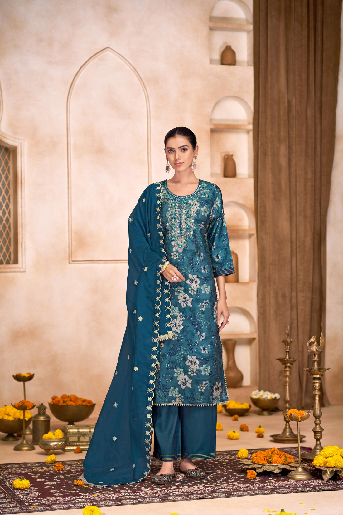 Shehnaaz Blue Floral Hand Embellished Suit Set with Beads, Glass Bugle, Pearl & Sequins Patti Work in Chanderi Silk with Pure Cotton Mul Lining