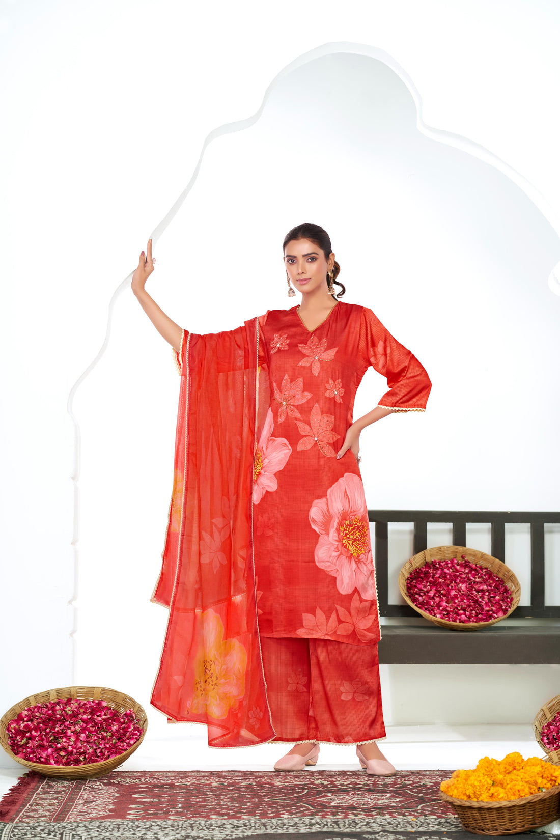 Farida Red Floral Printed Kurta Set with Dupatta featuring Handcrafted Glass Bugle & Pearl Embellished Neckline, Satin Silk with Cotton Mul Lining