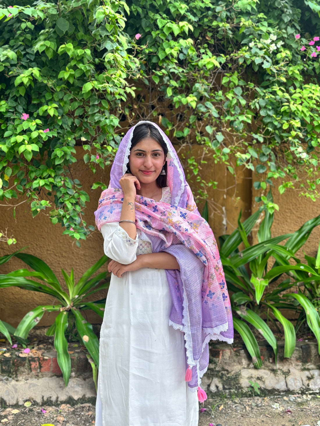 Bhumi Offwhite Multicolor Thread & Sequin Embroidered Yoke Kurta Set with Tassel Detailing in Chanderi Silk with Cotton Mul Lining and Dupatta