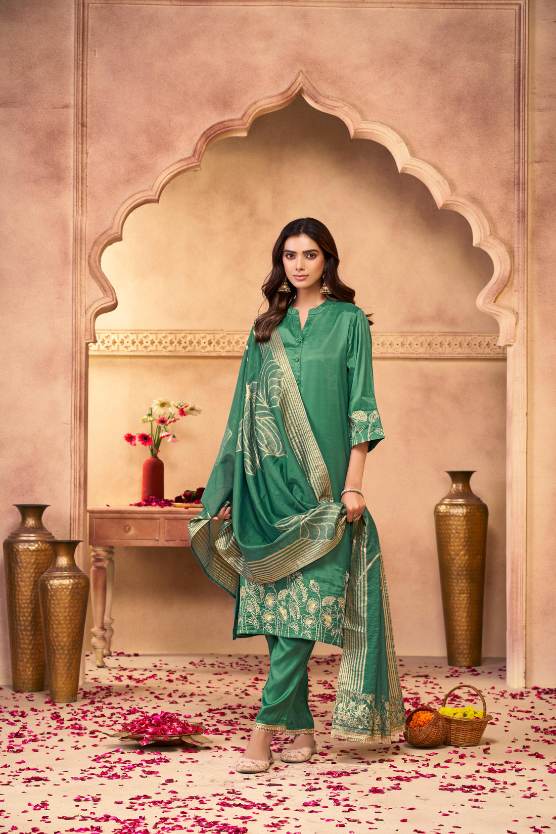 Kuhu Green Hand Zari Dori & Resham Thread Embroidered Suit Set with Sequin Detailing and Jacquard Dupatta in Pure Muslin with Soft Cotton Mul Lining