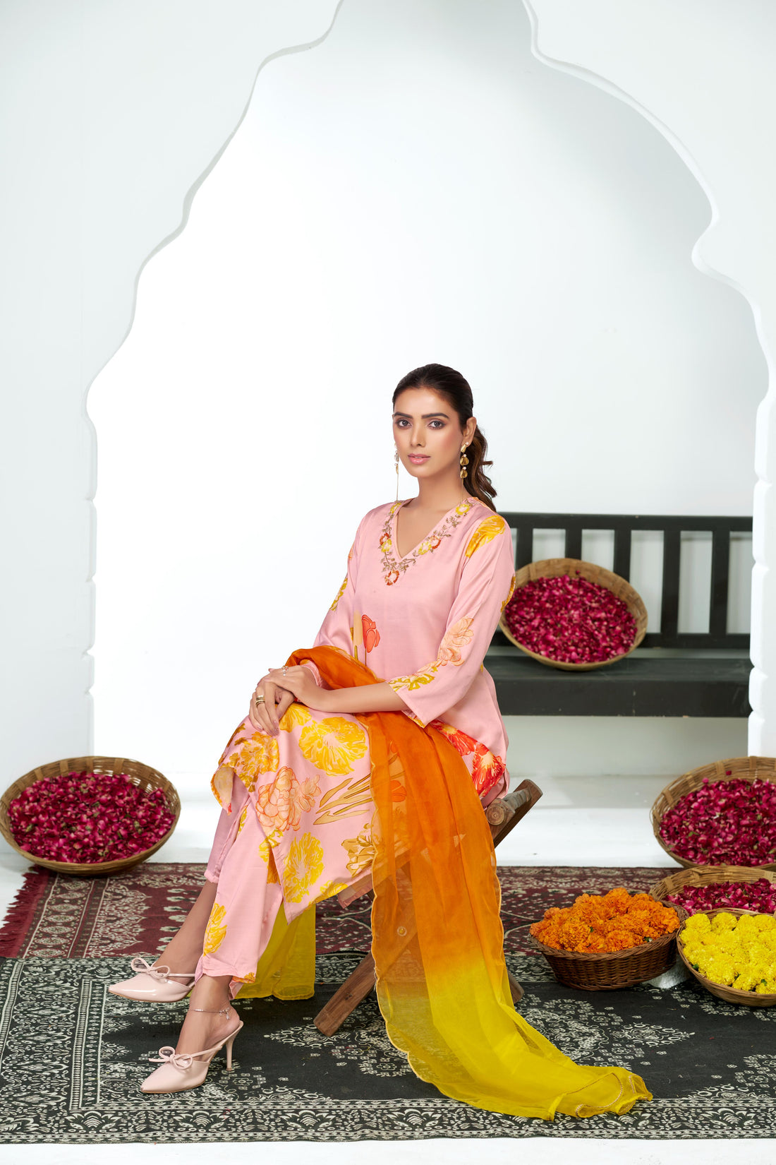 Malaika Pink Floral Printed Kurta Set with Handcrafted Sequin & Glass Bugle Floral Neck Embellishment in Satin Silk with Cotton Mul Lining and Dupatta
