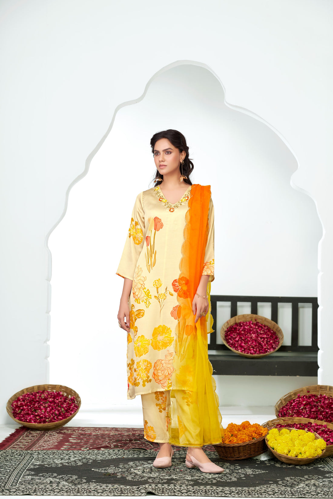 Malaika White Floral Printed Kurta Set with Handcrafted Sequin & Glass Bugle Floral Neck Embellishment in Satin Silk with Cotton Mul Lining and Dupatta