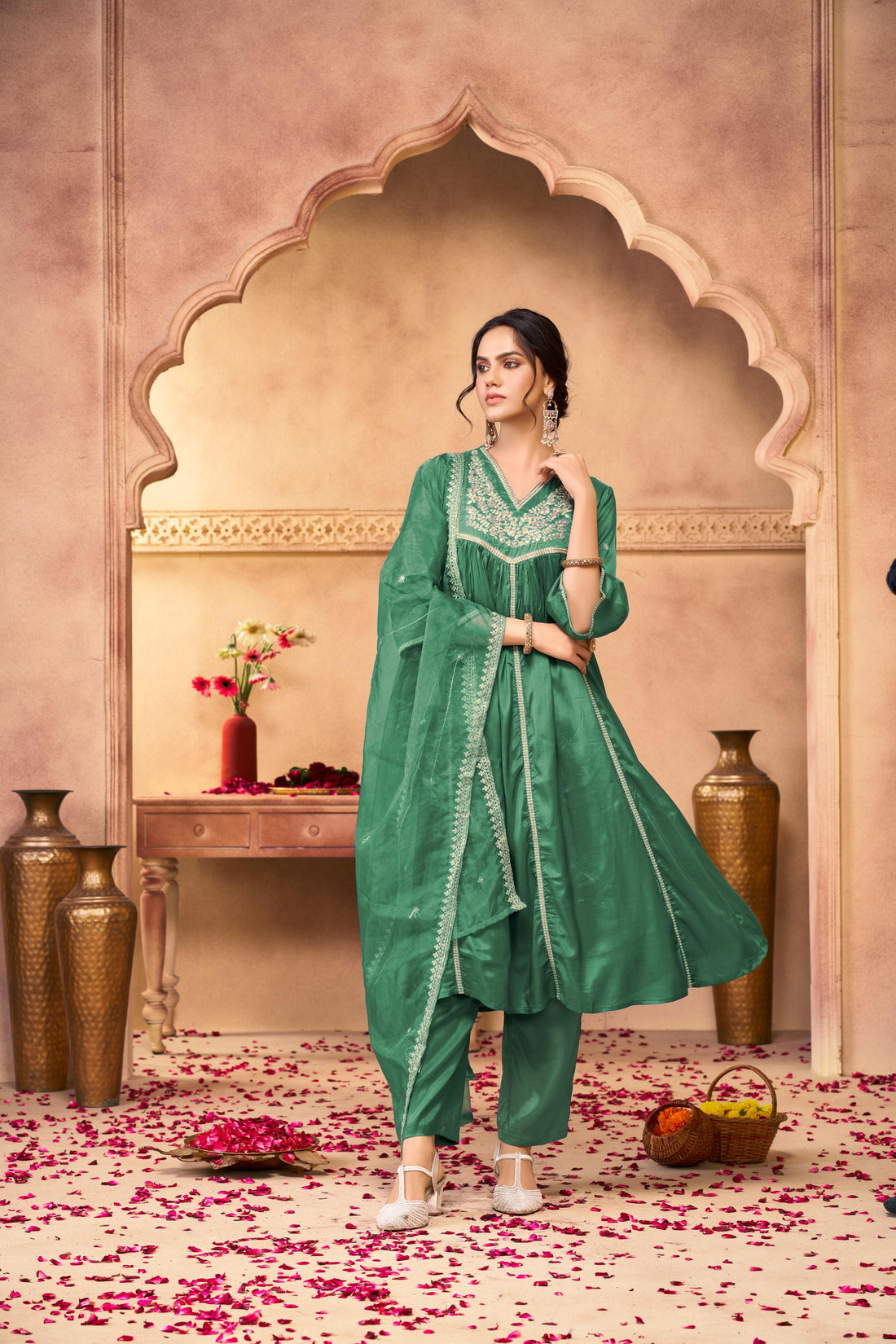 Praniti Green Silver Zari Thread Embroidered & Hand Sequin Detailed Suit Set with Dupatta in Pure Muslin with Pure Cotton Mul Lining