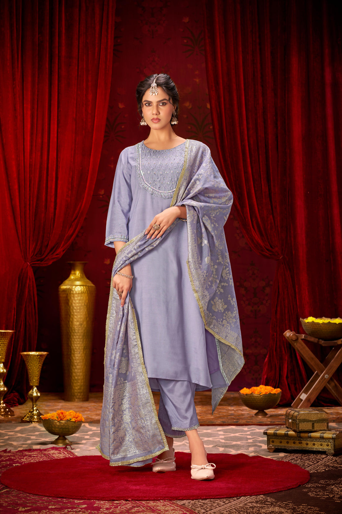 Sehmat Purple Handcrafted Suit Set with Intricate Glass Bugle & Sequin Neck Detailing and Jacquard Dupatta in Pure Muslin with Pure Cotton Mul Lining