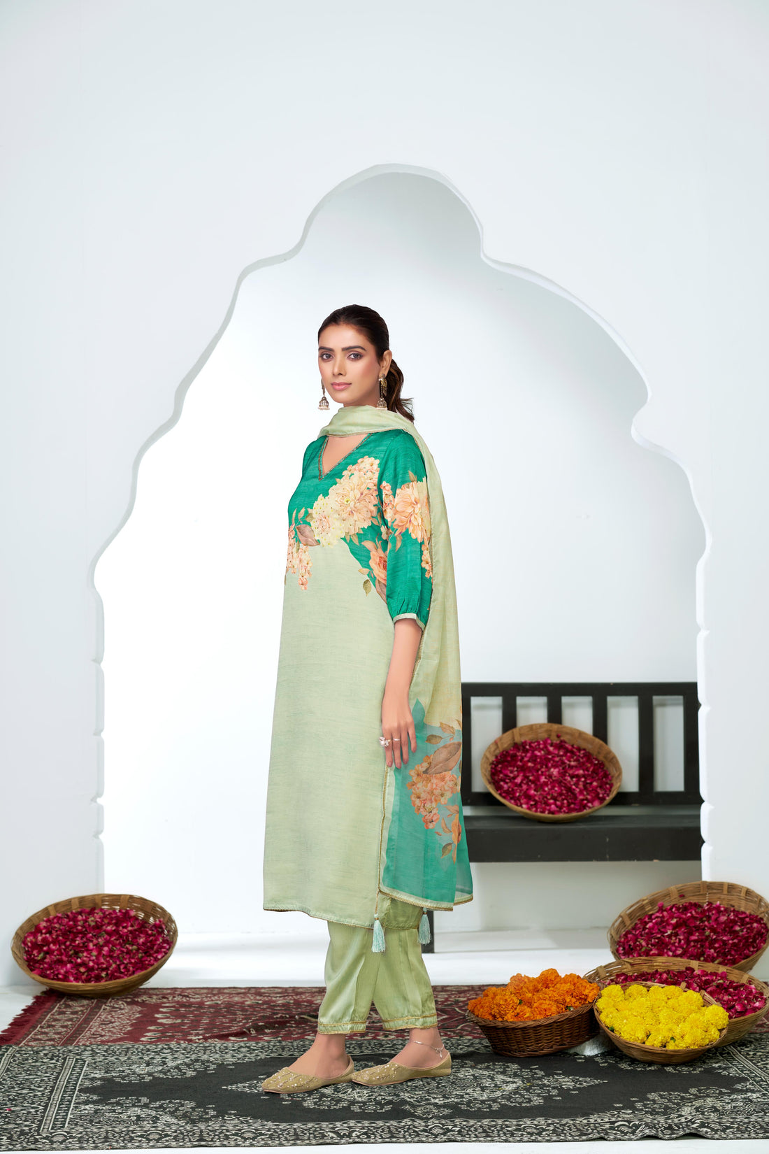 Tasneem Teal Floral Hand-Embellished Kurta Set with Sequin Work & Lace Detailing in Satin Silk with Cotton Mul Lining, Paired with Dupatta