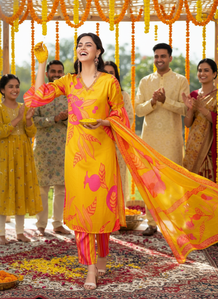 Rani Mustard Floral Printed Kurta Set with Hand Glass Bugle & Sequin Embellished Neckline and Printed Dupatta in Satin Silk with Cotton Mul Lining
