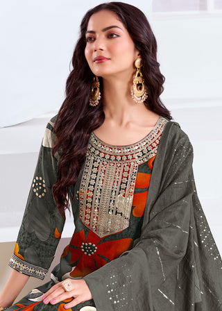 Roli Floral Printed Grey Salwar Suit with Handcrafted Zari & Mirror Embroidered Neckline in Viscose