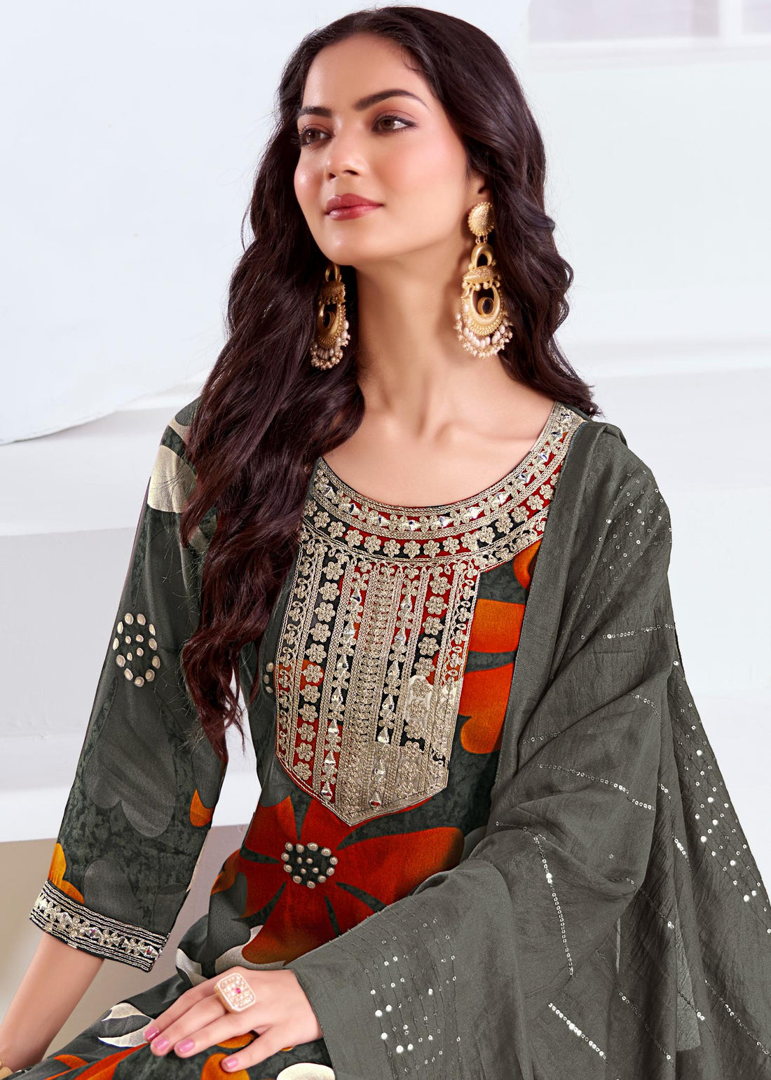 Roli Floral Printed Grey Salwar Suit with Handcrafted Zari & Mirror Embroidered Neckline in Viscose